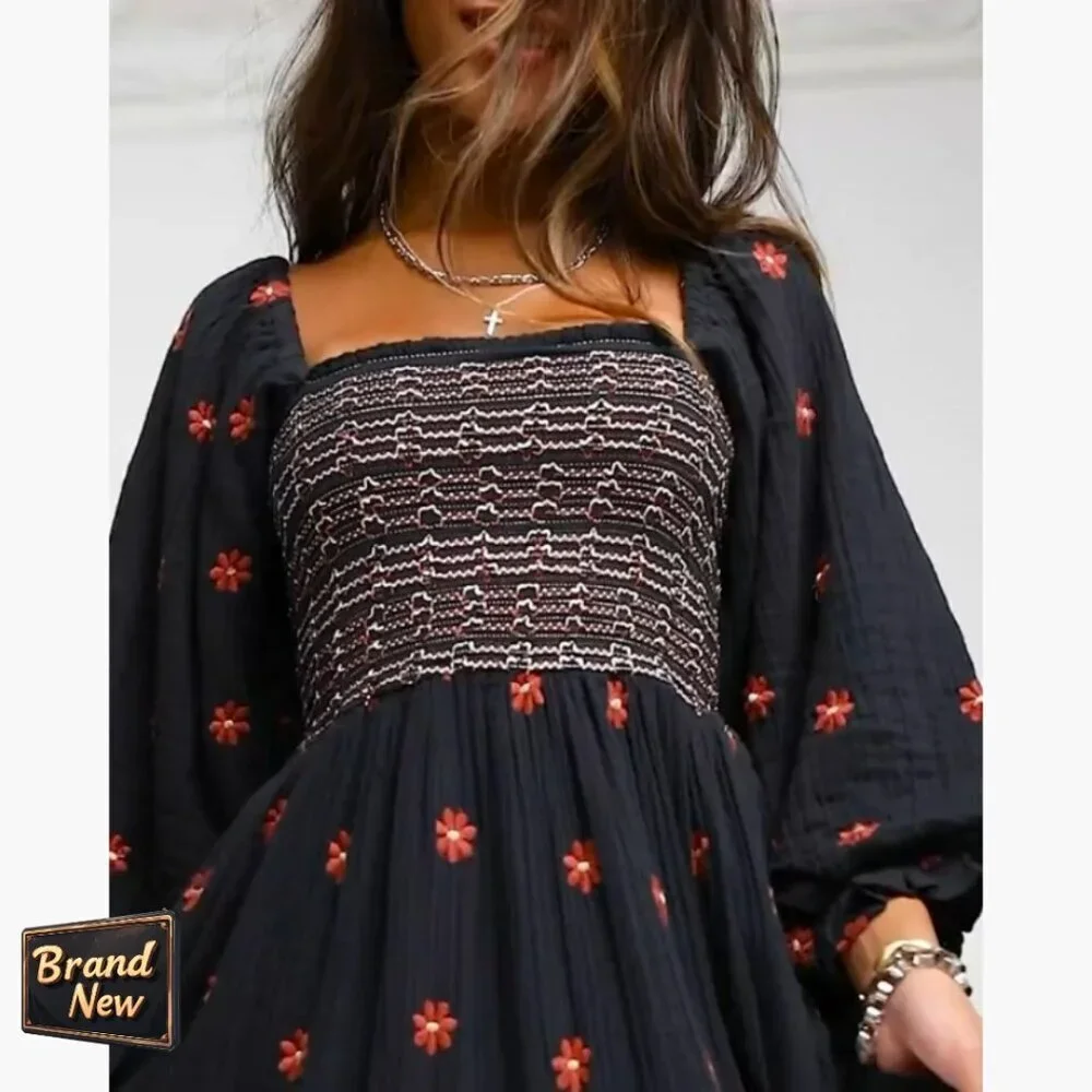 Long Sleeve Embroidered Maxi Dress, Cotton, Floor Length, Square Neck